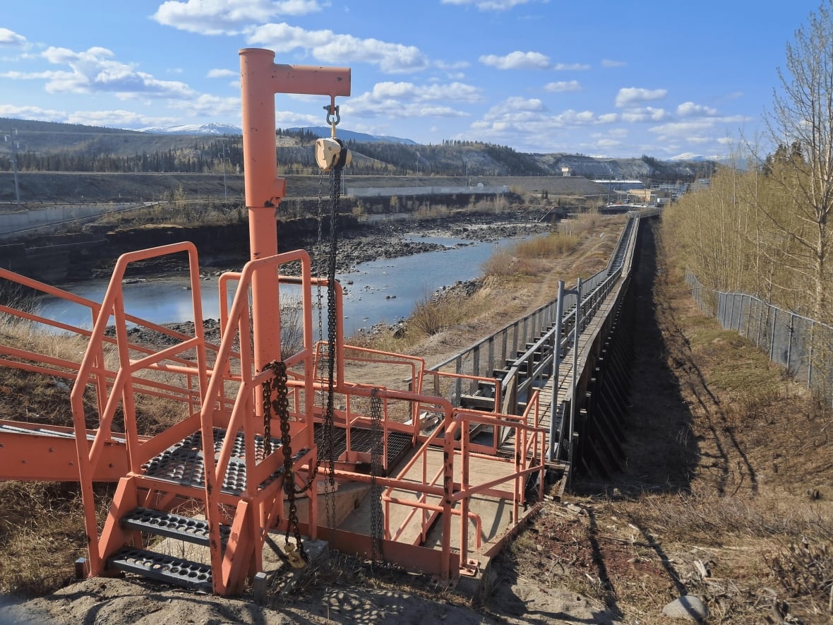 A long wooden fish ladder seen with a hydro facility in the background.