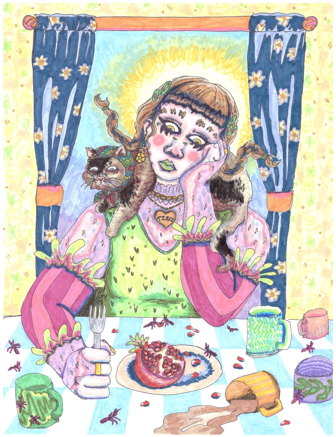 Colourful drawing of a girl with pigtails looking glum and sitting at a table littered ants and cups. A cat rests on her shoulders. A plate with a cut pomegrante rests in front of her.