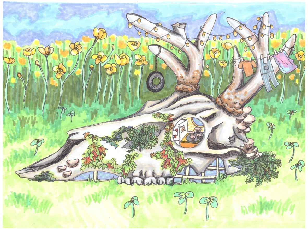 Surreal drawing of a giant animal skull with antlers that's been turned into a house. It rests in a green field. A tire swing and laundry are strung up in the antlers.
