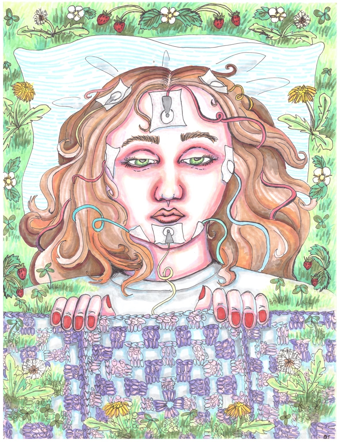 A colour drawing of a girl with wavy brown hair and a tired expression, resting in bed. Her head lies on a white pillow and she pulls a purple patterned blanket up to her chin with manicured hands. Greenery and flowers sprout around the border. A plethora of tubes are connected to her head.
