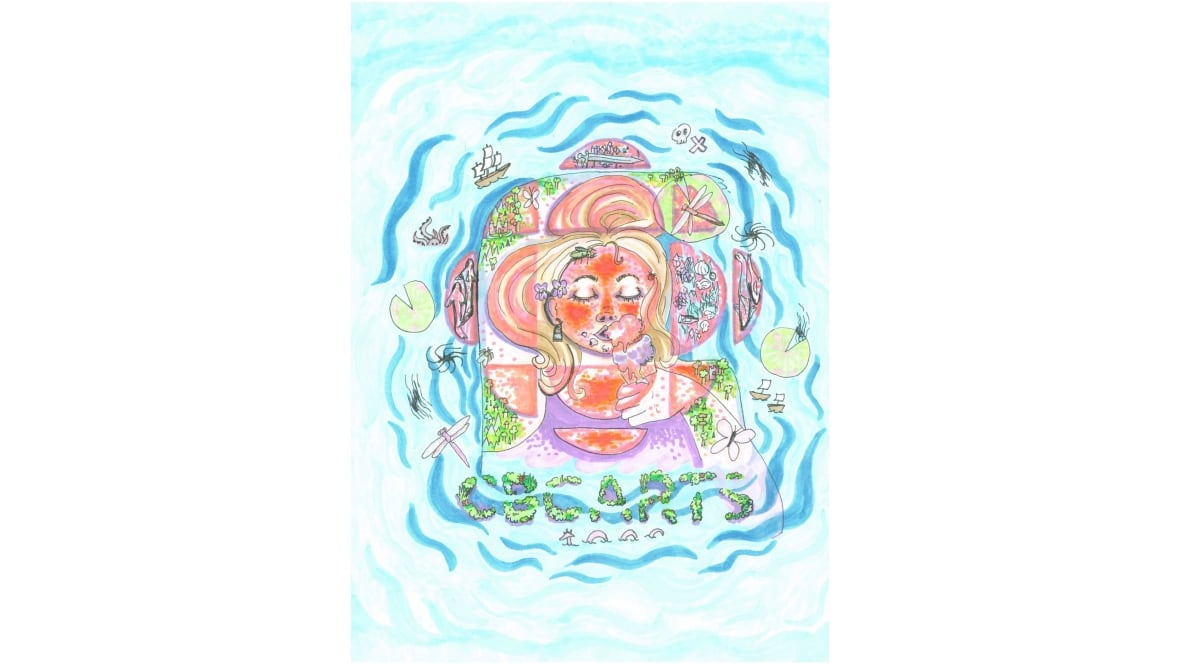 A colour drawing of the CBC Arts logo. The illustration features a drawing of a sunburnt girl eating an ice cream cone, who occupies the centre of the canvas. Blue wavy lines emanate from her, suggesting rippled water. Small icons including green lily pads and white butterflies and dragonflies surround the form of the CBC gem. Text reads CBC Arts.