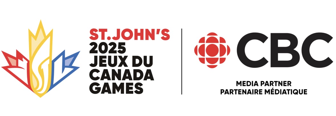 Canada Games logo shaped in a stylized maple leaf of red, yellow and blue with the words St. John's (in red) 2025 Jeux Du Canada Games (in black) next to that is the CBC logo in Red (gem) and CBC in black with Media Partner Partenaire Mediatique in black.