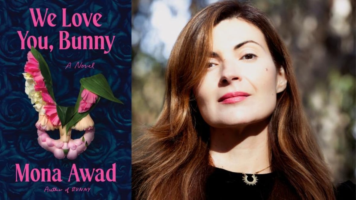A book cover of a bunny head with flowers. An author headshot of a woman with long brown hair.