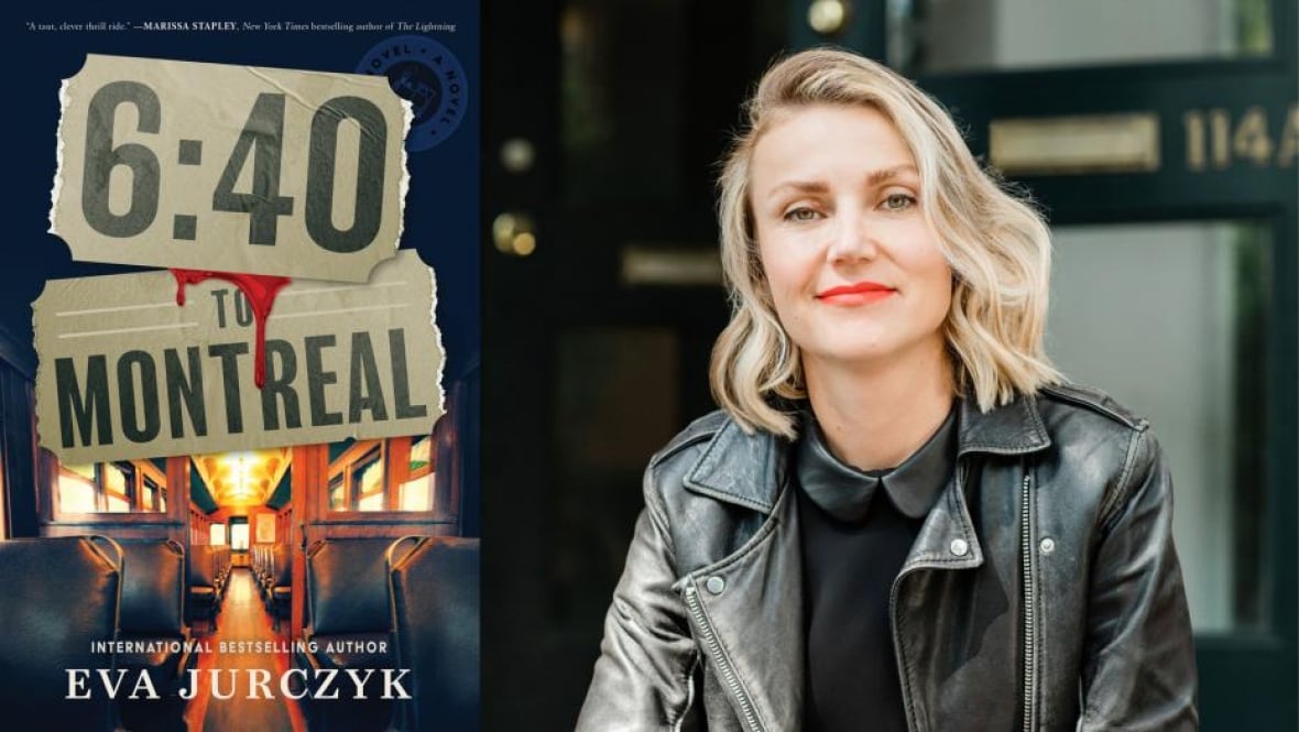 A book cover of a train car. A woman with blonde hair wearing a leather jacket.