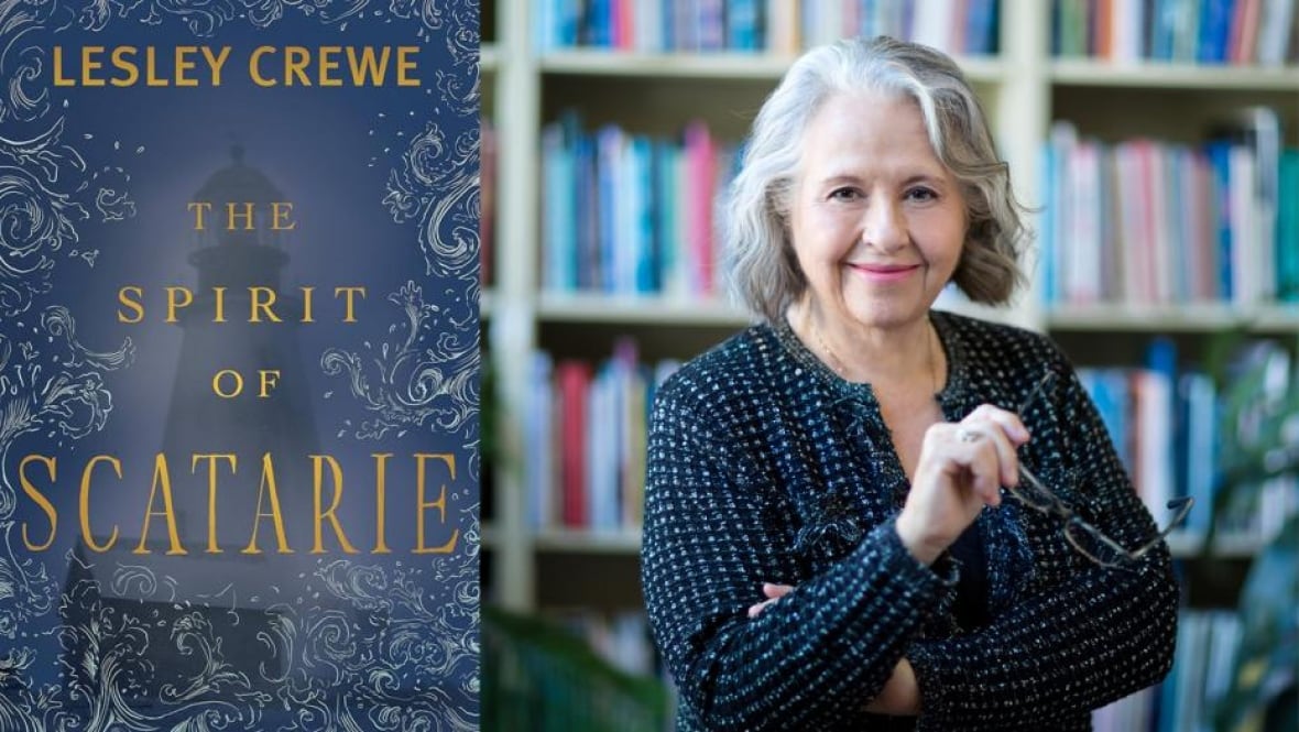 A blue book cover with the shadow of a lighthouse. A woman with grey hair holding her glasses in front of a full bookshelf.