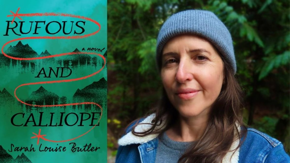 A green book cover with mountains. A woman wearing a blue beanie. 