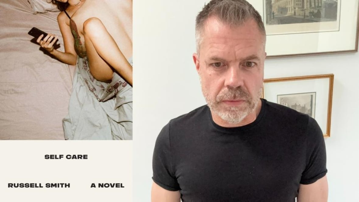 A book cover of a woman on her phone with a man on top of her in bed. An author headshot of a man with grey hair and a short beard in a black t-shirt.