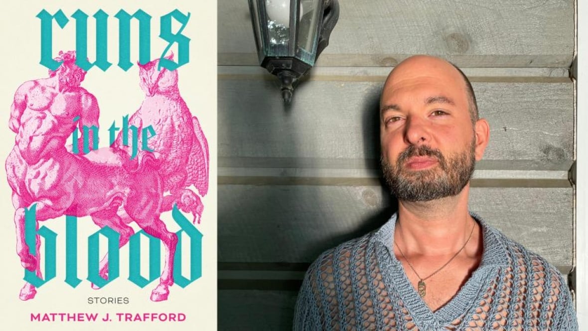 A book cover of a centaur and an owl in pink. A bland man with a beard.