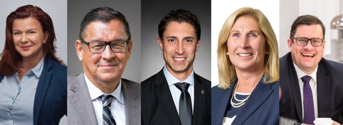 A composite image of five men and women in blazers.