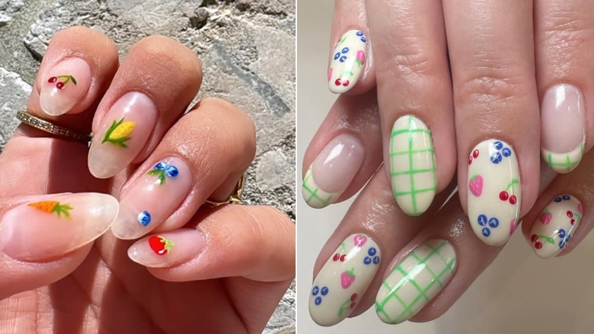 two side-by-side images of manicures with mini fruit painted on the nails. 