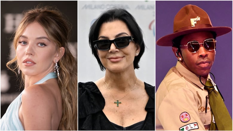 A composite image of actress Sydney Sweeney, left, business mogul and celebrity personality Kris Jenner, centre, and musician Tyler, The Creator, right.