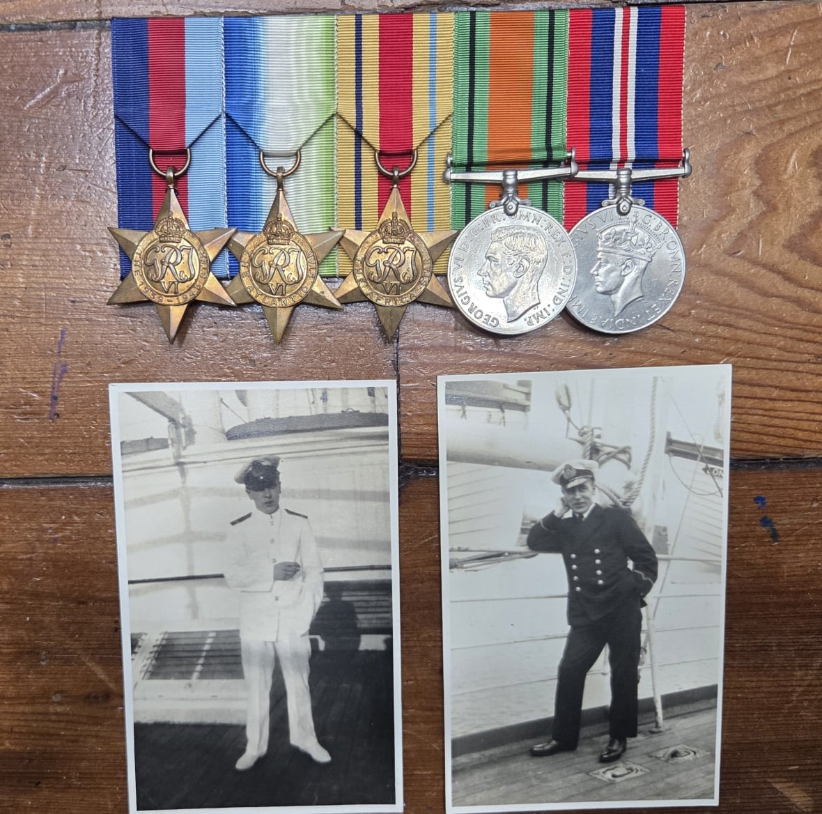 Military and two black and white photos of a sailor in uniform.