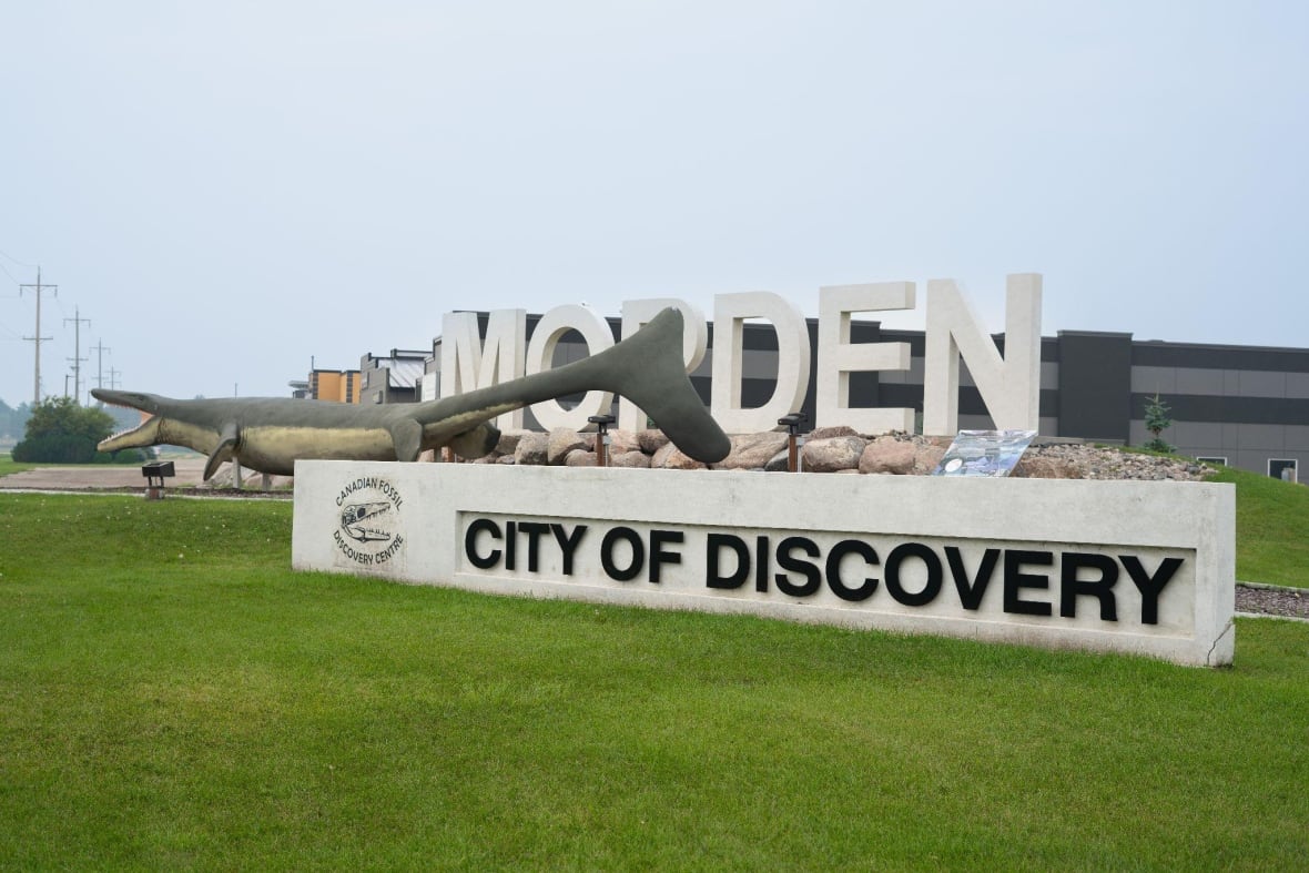 Meet 'Walt,' the 80-million-year-old mosasaur named after the Texas teen who dug it up on the Canadian Prairie 5 A replica of a prehistoric reptile nearly 50 feet long is seen by a sign that says 'Morden, city of discovery.'