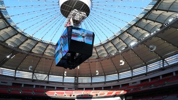 A large, empty soccer arena before a match.