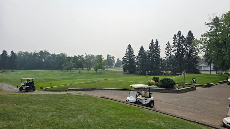 Two golfers teeing off.