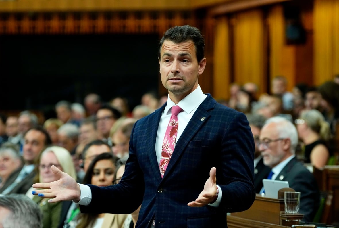 Um homem deve falar em um salão legislativo.