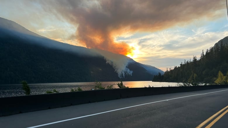 B.C. Wildfire Service say the Wesley Ridge wildfire is 0.4 square kilometres in size and located on the opposite side of Cameron Lake from Highway 4.