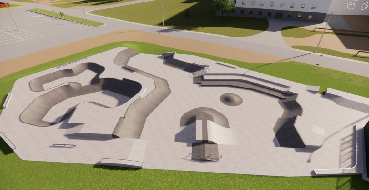 An artistic rendering of a skate park.