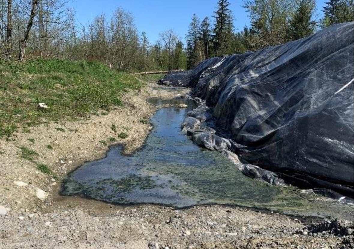 La piscina de lodo en el fondo de algunas pilas de plástico cubiertas en el campo.