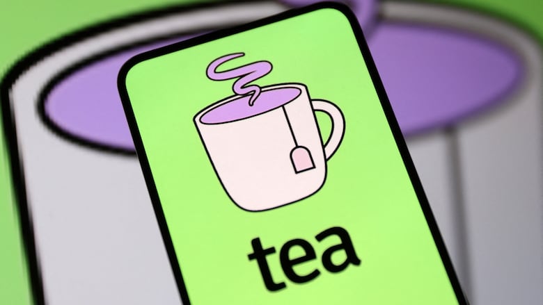 A phone with a green background and an illustration of a  cup of tea, and the words 'tea'