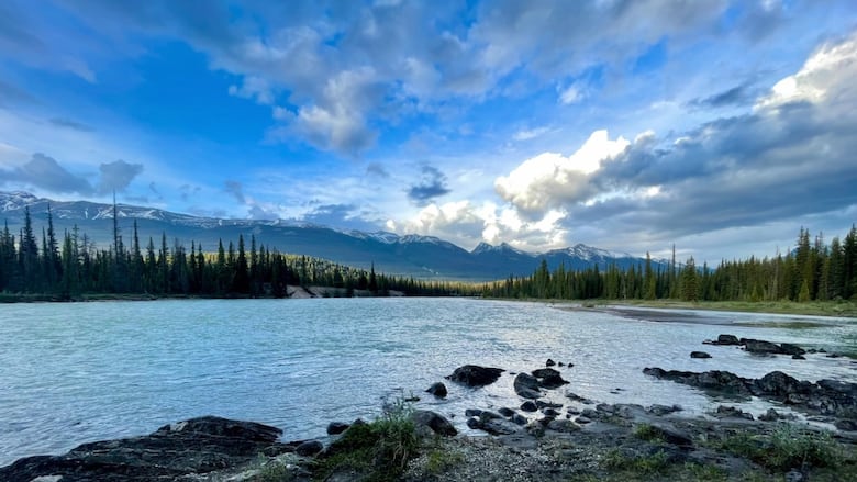 A river and moutains.