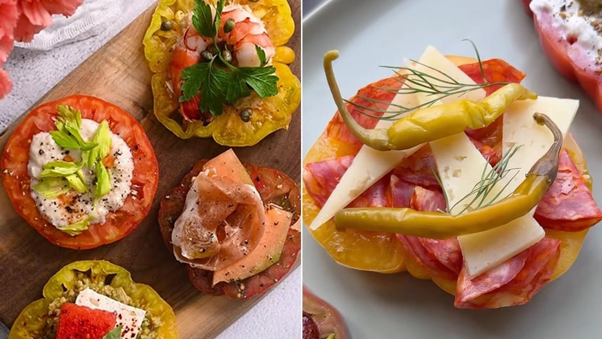 Left: a wooden cutting board with 4 slices of tomato, each with different toppings. Right: tomato slice topped with chorizo, cheese and 2 small peppers