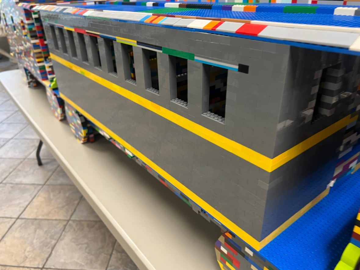 A close-up side view of part of a 30,000-piece steam train made of Lego in Windsor, Ont.