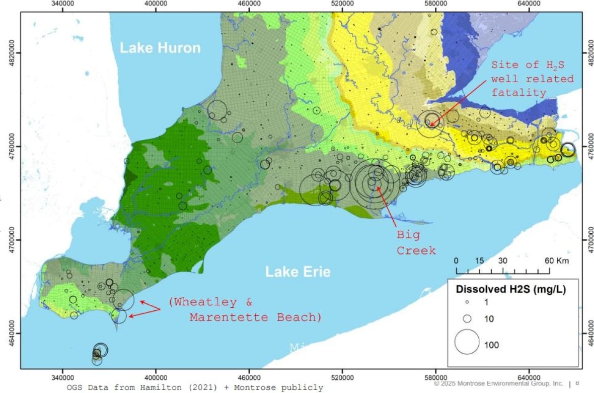 Enviado al Consejo Stewart Hamilton Norfok el 22 de julio, el mapa, en comparación con otros puntos críticos conocidos en el suroeste de Antario, muestra el nivel de problema de sulfuro de hidrógeno en el Big Creek.