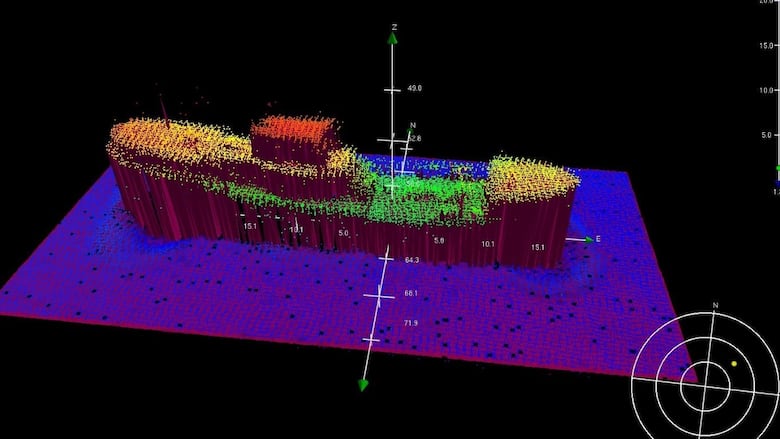 A three-dimensional image shows an uncharted shipwreck discovered in May in waters off Cape Breton. The sunken vessel was found by the Canadian Hydrographic Service as it was mapping out an area known as the Sydney Bight.