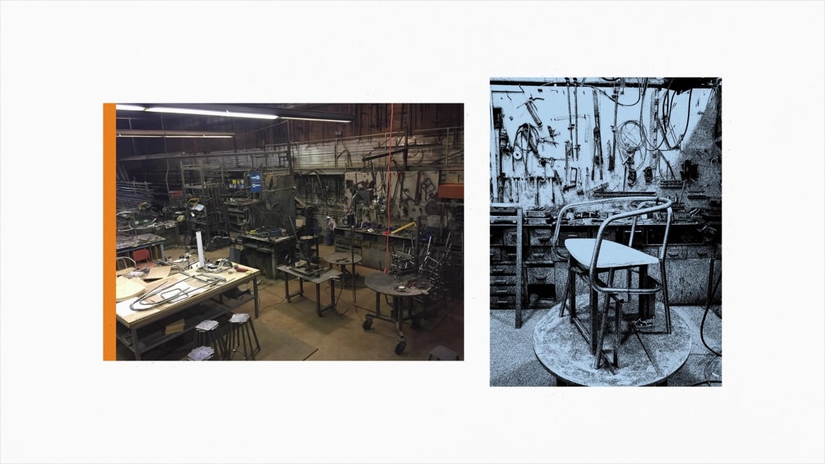 An industrial space of metal construction with a metal chair.
