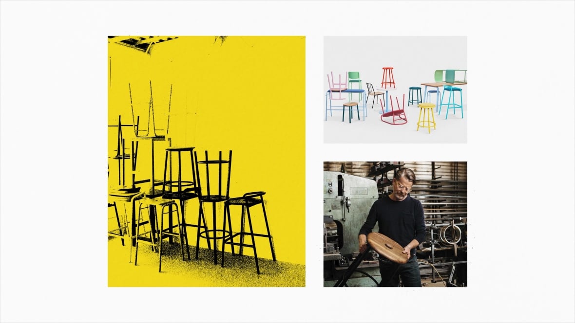 Stylized photos of chairs and an industrial designer examining his work