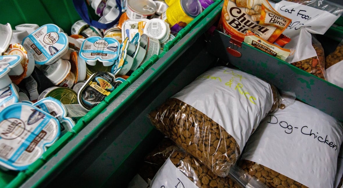 Bags of dry pet food are piled up next to a container full of pet food tins.