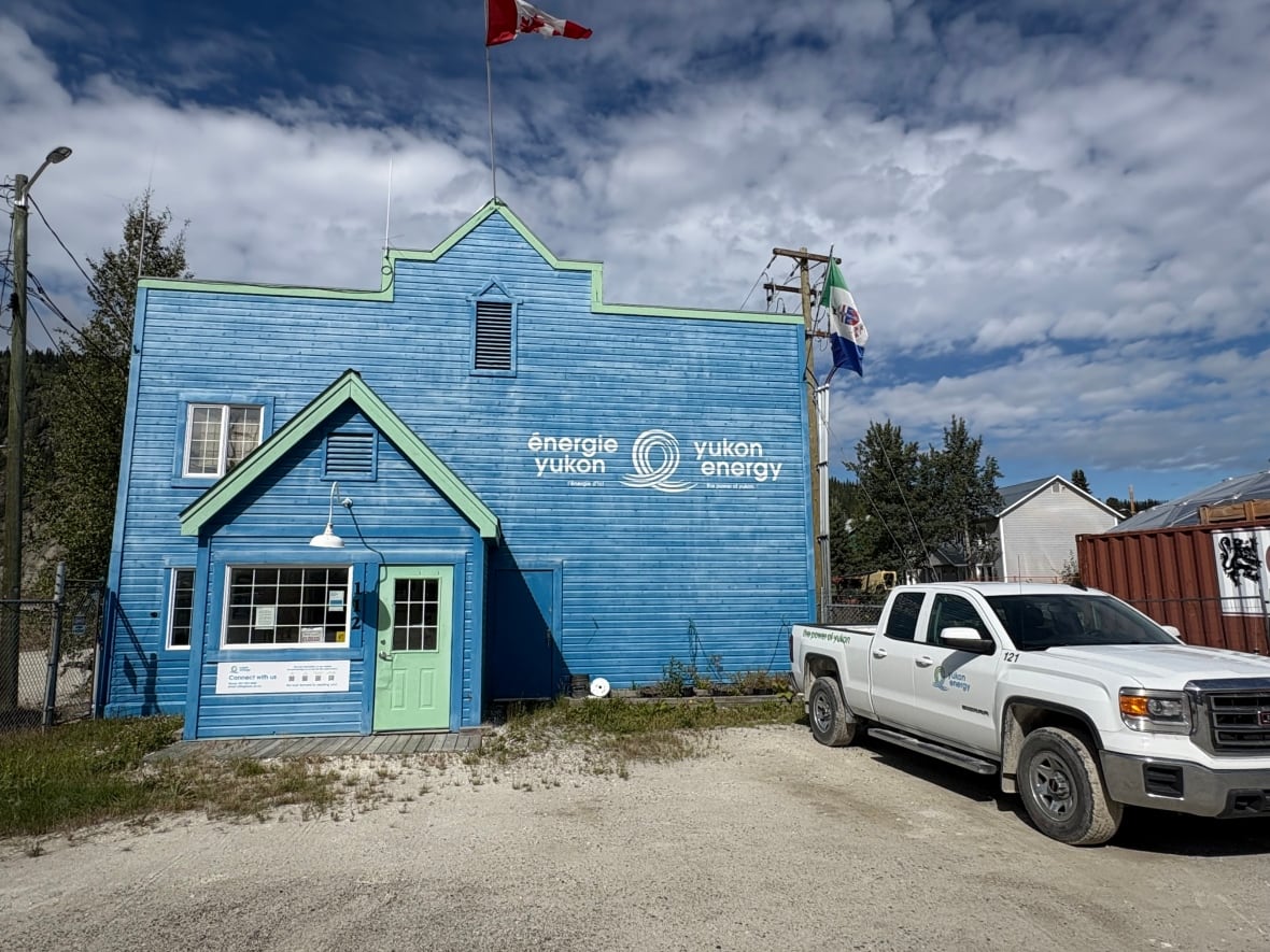a blue building with a truck parked in front