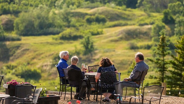 Four people sit around a table overlooking a green valley with drinks in their hands.