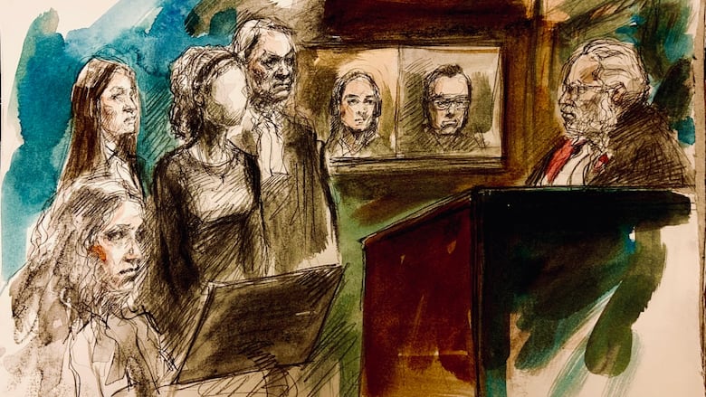 sketch of a teenage girl standing between a man and a woman, looking at a male crown attorney at a courthouse