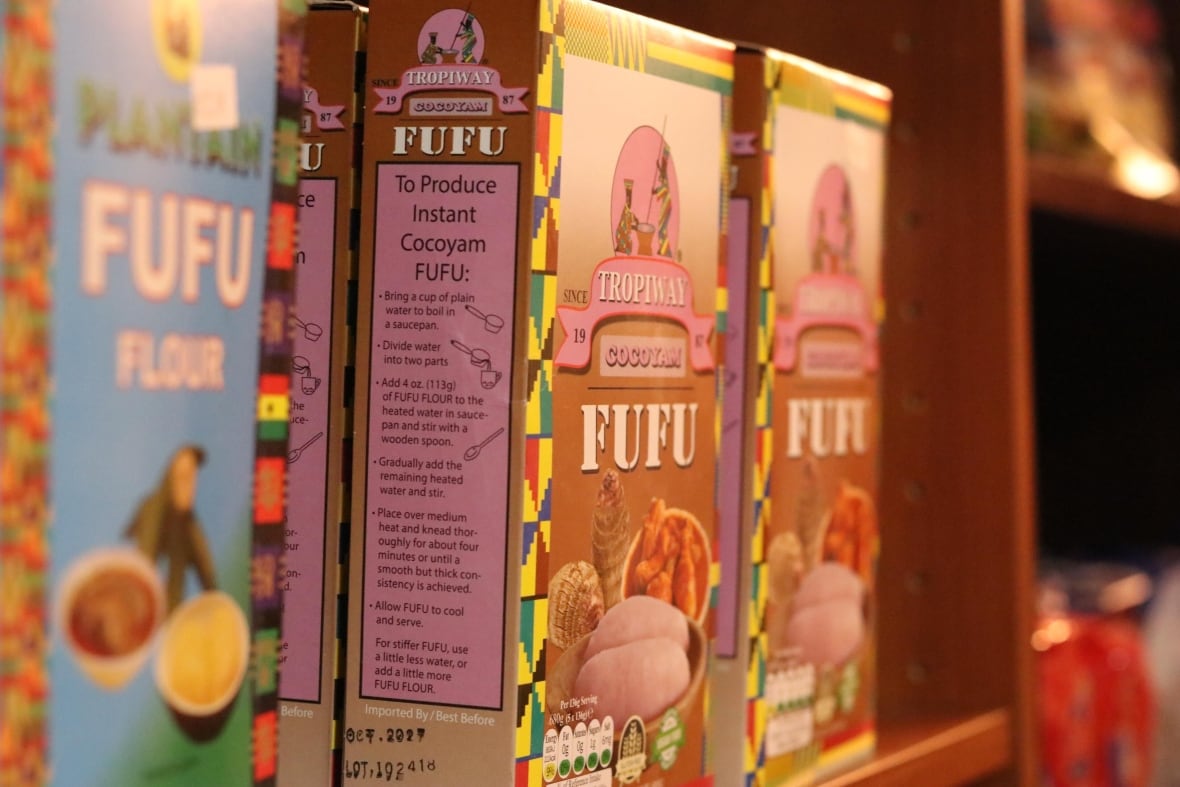 A close up of boxes that read "Fufu Flour"