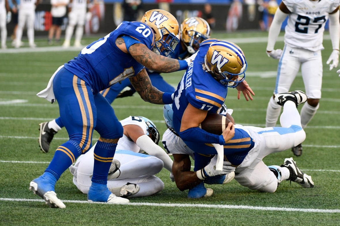 A ball-carrier in blue and gold falls forward into the end zone, while two opposing players in white try to tackle him around the ankles.