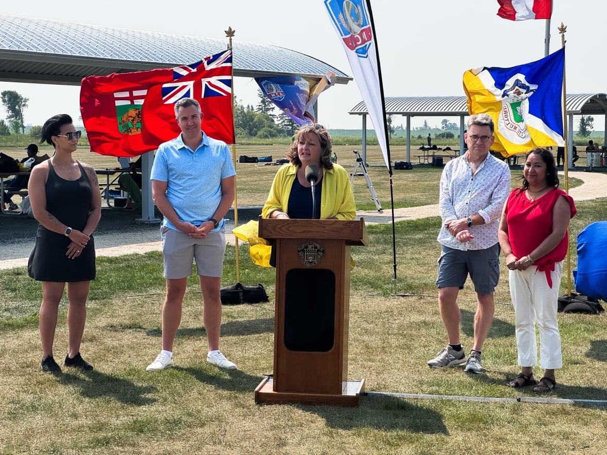 A group of people stand behind a podium.