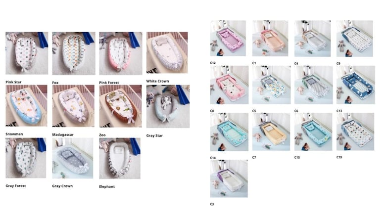This composite image shows various baby beds.