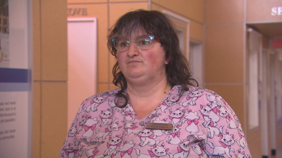 Person with long brown hair and eyeglasses wears pink scrubs with cats on them
