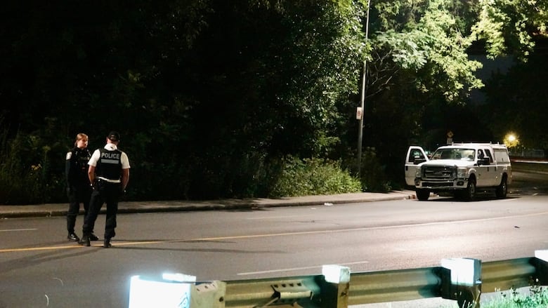 Two police officers are seen on a street at night with a white truck further down the road.