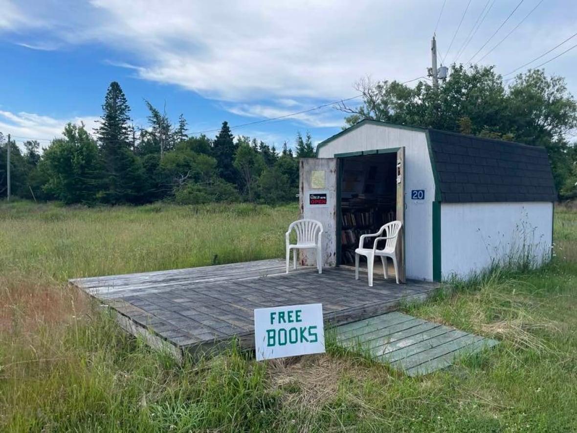 A shed full of books with a sign outside saying free books.