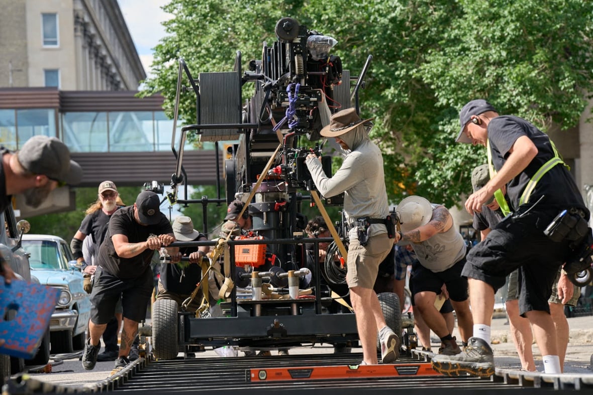 A filming team is operating a camera.