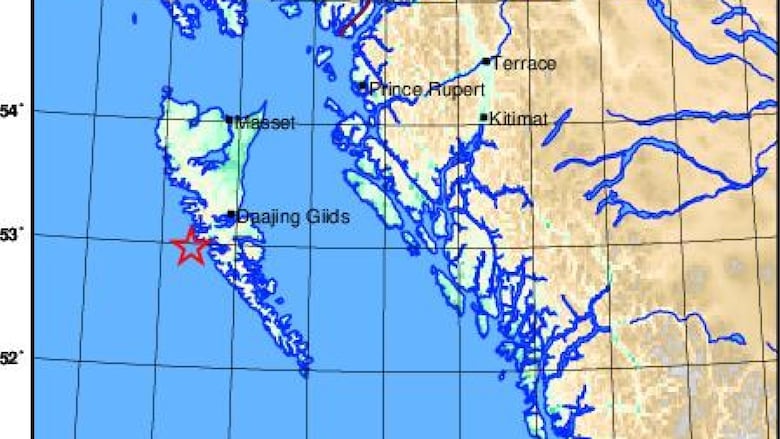 A star points to an earthquake just west of the Haida Gwaii archipelago.