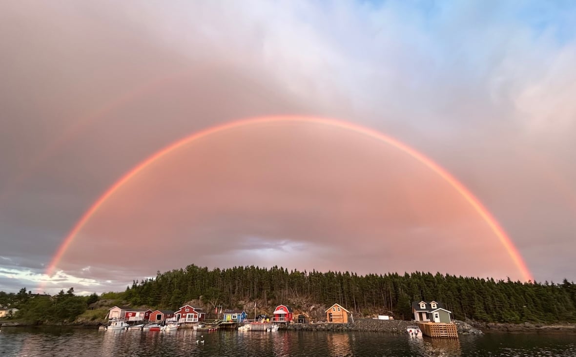 Rainbow in sky above colourful houses