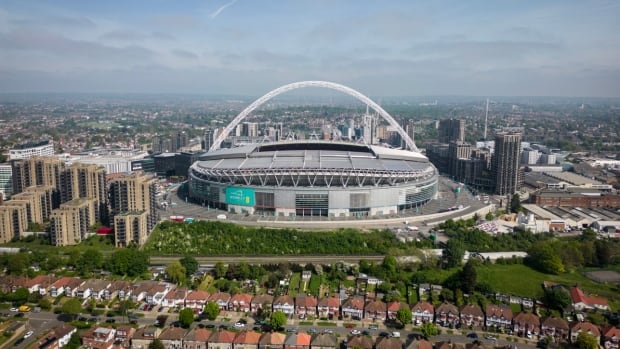 An aerial view shows a stadium.