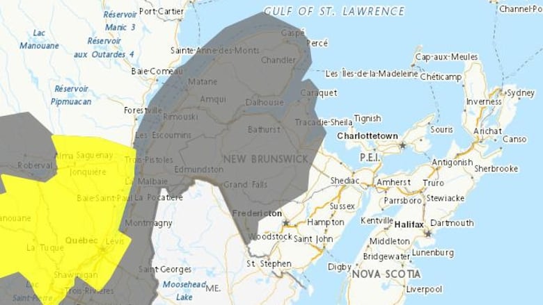 A map of New Brunswick with the northern part NB grayed out. Quebec is also shown grayed and some parts have a yellow shade.
