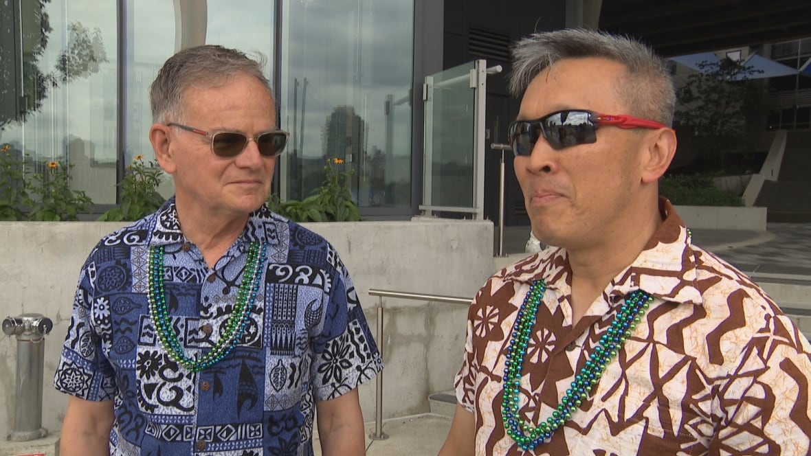 Two men in colourful printed shirts wearing shades. 