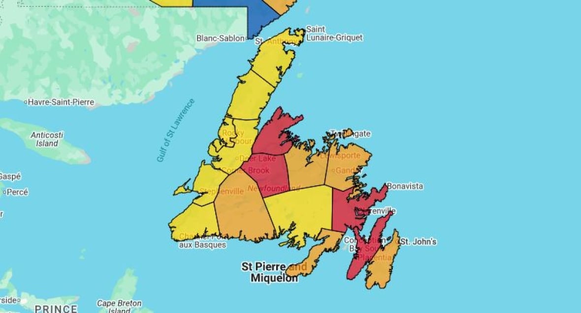 Map of an island with shades coloured in yellow, orange and red.