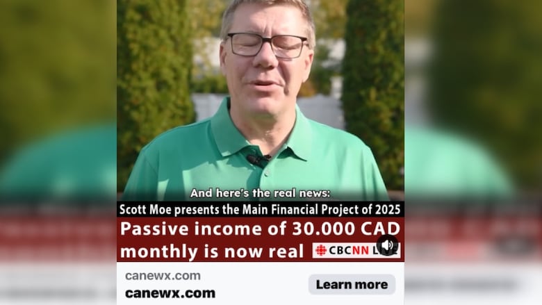 Screenshot of ad that uses fake image of Scott Moe in green shirt to sell passive income scheme. 
